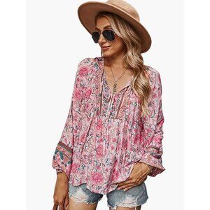 Pink Boho Floral‎ Printed Tie V-Neck Loose Flowy Long Sleeve Top Blouse